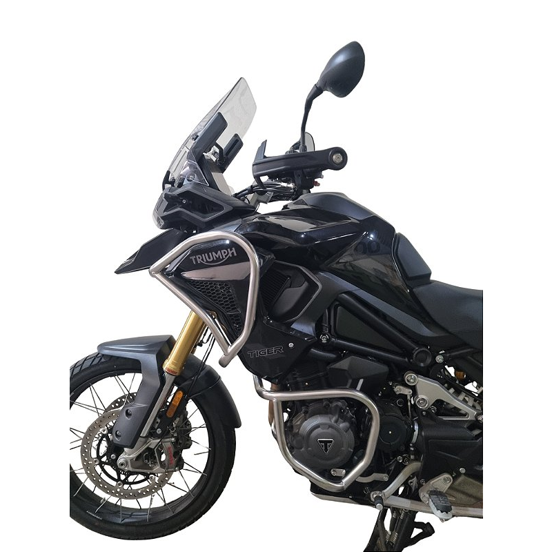 Protetor motor carenagem Tiger 1200 Rally Black Edition inox instalado moto MOTOTOP